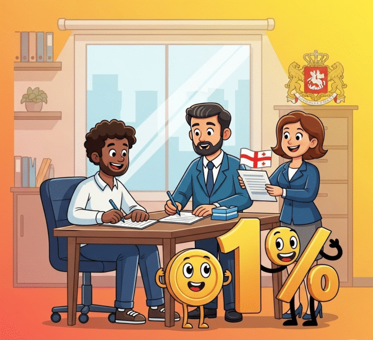Cartoon of a happy entrepreneur registering a business in Georgia, with a large '1%' tax sign.