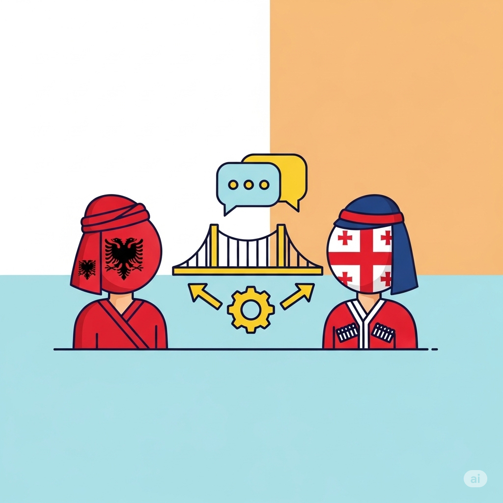 Cartoon-style illustration of a man and woman discussing document translation with Albanian and Georgian language icons