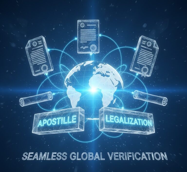 Global document verification concept art showing a globe, legal documents, and the words "Apostille" and "Legalization" in a glowing, futuristic ice-blue style.